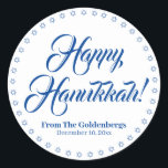 Happy Hanukkah white blue custom script text  Classic Round Sticker<br><div class="desc">Happy Hanukkah custom script name text Elegant Hanukkah gift favor tag stickers.
Custom script text,  names and date surrounded by a border made of Stars of David,  Magen David.
Blue custom text on white background.</div>