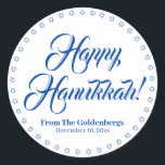 Happy Hanukkah white blue custom script text  Classic Round Sticker<br><div class="desc">Happy Hanukkah custom script name text Elegant Hanukkah gift favor tag stickers.
Custom script text,  names and date surrounded by a border made of Stars of David,  Magen David.
Blue custom text on white background.</div>