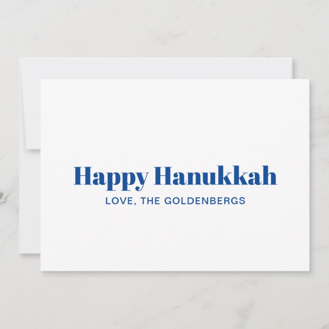 Happy Hanukkah white blue minimalist custom text Holiday Card (Front)