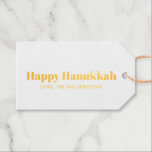 Happy Hanukkah white blue minimalist personalized Foil Gift Tags<br><div class="desc">Happy Hanukkah foil typography simple minimalist modern Hanukkah personalized Gift Tags. 
Fully customizable gold foil text,  available in kraft or white paper and blue back.</div>