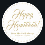 Happy Hanukkah white gold custom script text Classic Round Sticker<br><div class="desc">Happy Hanukkah gold custom script name text Elegant Hanukkah gift favor tag stickers.
Custom script text,  names and date surrounded by a border made of Stars of David,  Magen David.
Faux gold custom text on white background.</div>