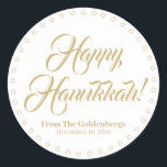 Happy Hanukkah white gold custom script text Classic Round Sticker<br><div class="desc">Happy Hanukkah gold custom script name text Elegant Hanukkah gift favor tag stickers.
Custom script text,  names and date surrounded by a border made of Stars of David,  Magen David.
Faux gold custom text on white background.</div>