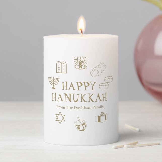 Happy Hanukkah white gold custom text modern cute Pillar Candle (In Situ)