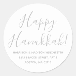 Happy Hanukkah white gray script return address Classic Round Sticker