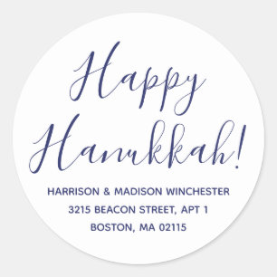 Happy Hanukkah white navy script return address Classic Round Sticker