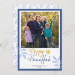 Happy Hanukkah White Photo Holiday<br><div class="desc">This Hanukkah greeting card features a square photo and trendy handwritten text "Happy Hanukkah" on a white background with dark blue border. The design is accented with light blue leaves and a gold menorah.</div>