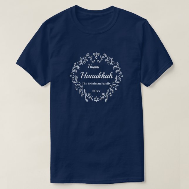 Happy Hanukkah White Wreath Add Name and Year T-Shirt (Design Front)