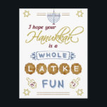 Happy Hanukkah Whole Latke Fun Funny Postcard<br><div class="desc">These Hanukkah postcards feature the humorous phrase,  "I hope your Hanukkah is a whole latke fun." They include drawings of dreidels,  a menorah,  the Star of David and more embellishments. The color palette is gray-blue,  marsala red,  gold and brown on white.</div>