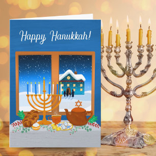 Happy Hanukkah Window Scene Cozy Winter Card