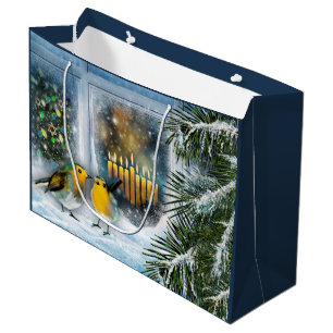 Happy Hanukkah. Winter Scene Painting Large Gift Bag