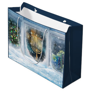 Happy Hanukkah. Winter Scene with Menorah Large Gift Bag