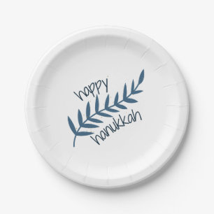 Happy Hanukkah (with Blue Leaves) Paper Plates