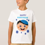 Happy Hanukkah, with boy wearing yarmulke T-Shirt<br><div class="desc">Happy Hanukkah with Jewish boy wearing blue Yarmulke. Blue Stars of David in a background. Great as a gift  for a children to wear during Hanukkah.


Wishing you happy Hanukkah!</div>