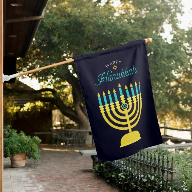Happy Hanukkah With Menorah House Flag (In SItu)