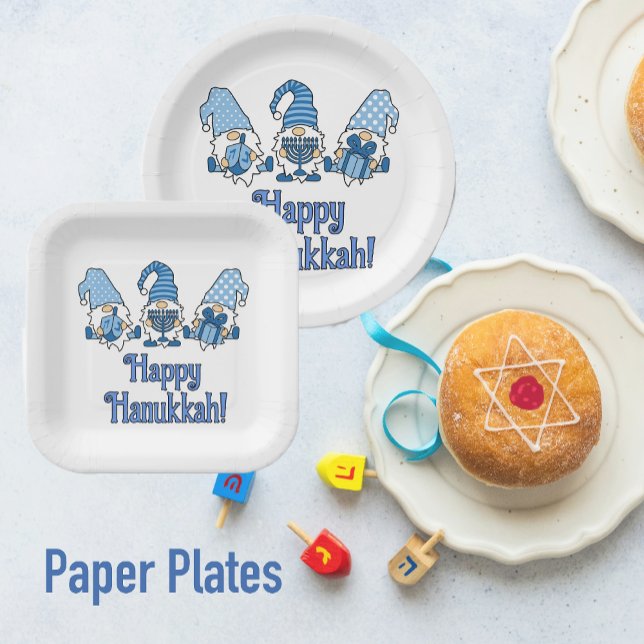 Happy Hanukkah with Three Gnomes  Paper Plates (Ready for Hanukkah parties!)