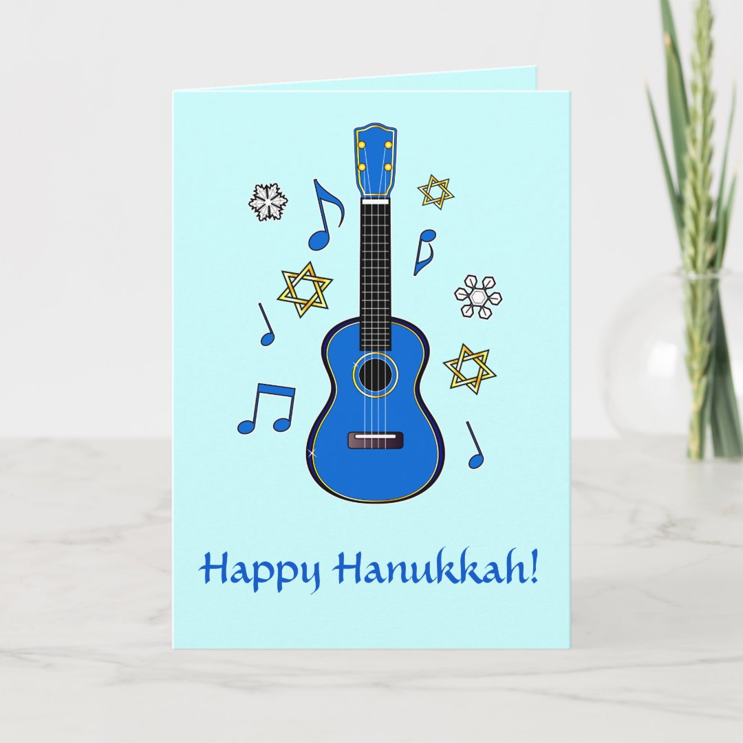 Happy Hanukkah with Ukulele and Stars Holiday Card Zazzle