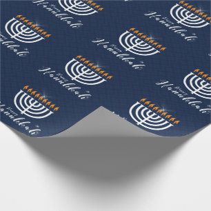 Happy Hanukkah with White Menorah in Modern Blue Wrapping Paper