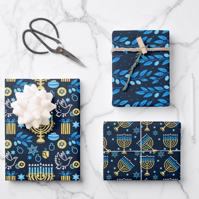 Happy Hanukkah Wrapping Paper Set of 3 (Front)