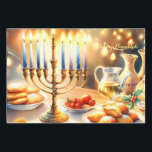 Happy Hanukkah Wrapping Paper Sheets<br><div class="desc">Hanukkah watercolor illustration. A beautifully arranged table set for a festive celebration,  featuring a traditional menorah with lit candles. Soft,  warm light,  while holiday decorations add a touch of cheer. Warm lights creating a cozy,  inviting atmosphere.</div>