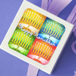 Happy Hanukkah yellow blue green red 4 menorahs Square Sticker<br><div class="desc">“Happy Hanukkah.” A close-up photo of 4 brightly colored artsy menorah photos help you usher in the holiday of Hanukkah. Feel the warmth and joy of the holiday season whenever you use this stunning, colorful Hanukkah sticker. Matching cards, stamps, tote bags, serving trays, and other products are available in my...</div>