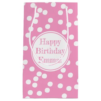 Happy Happy Birthday - Custom Name Pink Polkadots Small Gift Bag
