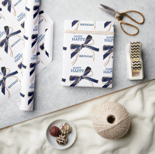 Happy Happy Birthday Kraft Blue Bows Wrapping Pape Paper