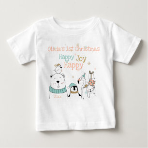 Happy Happy Joy Cute Animals 1st Christmas Baby T-Shirt