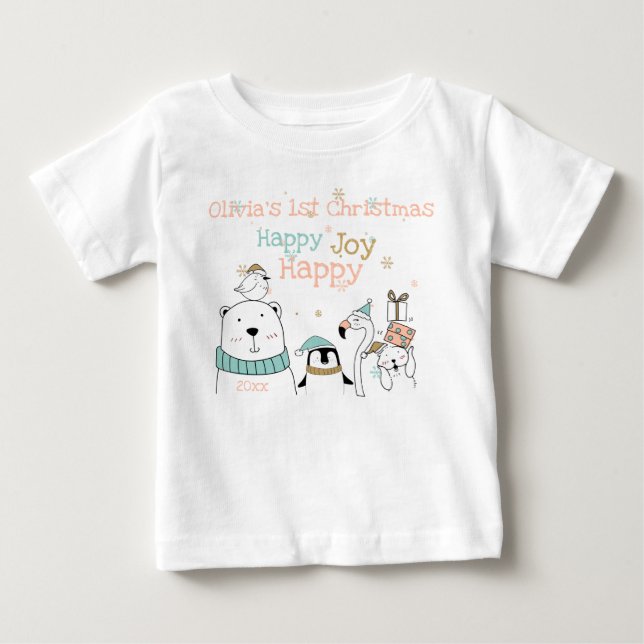 Happy Happy Joy Cute Animals 1st Christmas Baby T-Shirt (Front)