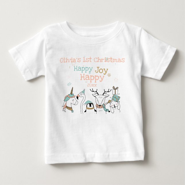 Happy Happy Joy Cute Animals Baby's 1st Christmas Baby T-Shirt (Front)