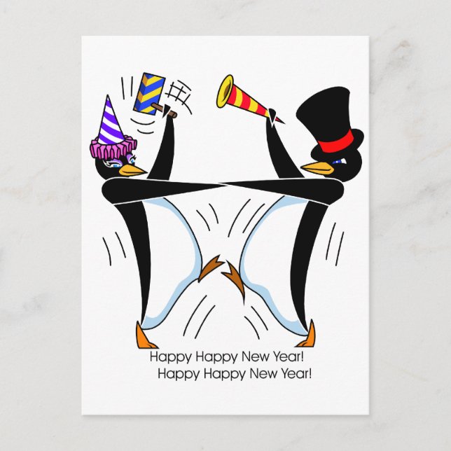 Happy Happy New Year Penguins Holiday Postcard (Front)