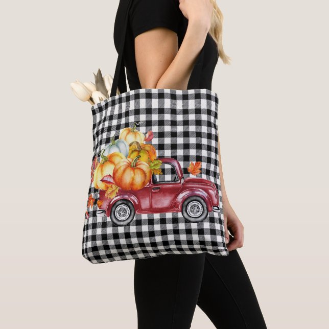 Happy Harvest Vintage Red Truck Tote Bag (Close Up)