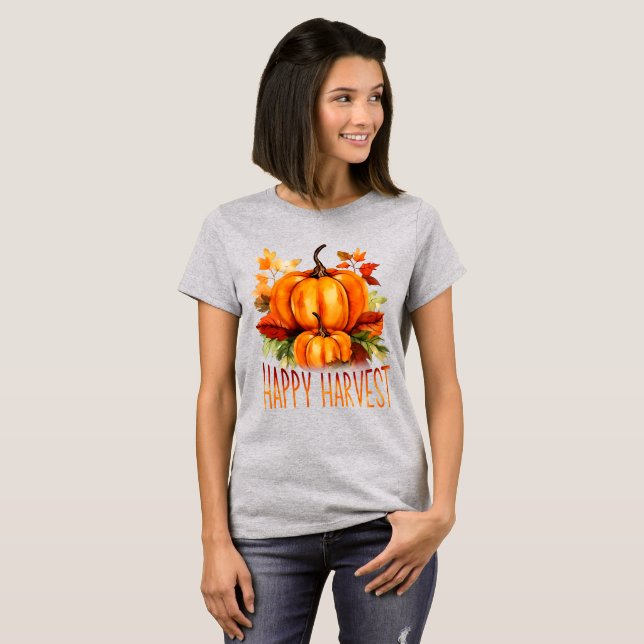 "Happy Harvest" Watercolor Pumpkin & Fall Leaves  T-Shirt (Front Full)
