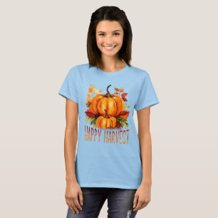"Happy Harvest" Watercolor Pumpkin & Fall Leaves T-Shirt