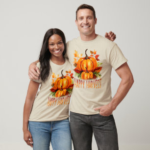 "Happy Harvest" Watercolor Pumpkin & Fall Leaves T-Shirt