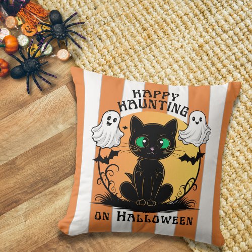 Happy Haunting Black Cat Halloween Pillow