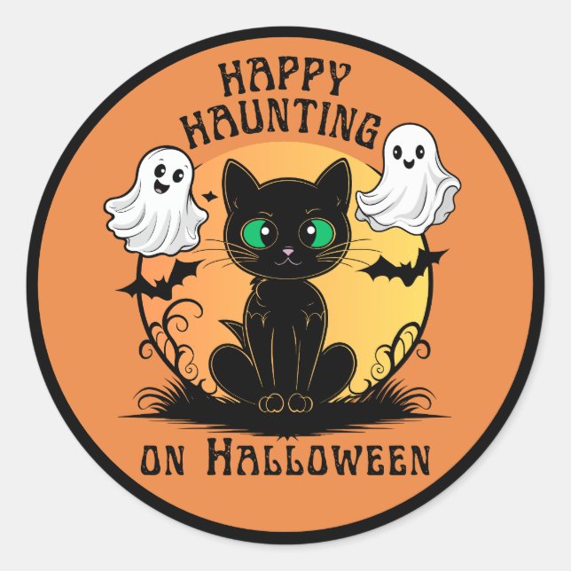 Happy Haunting Black Cat Halloween Sticker (Front)
