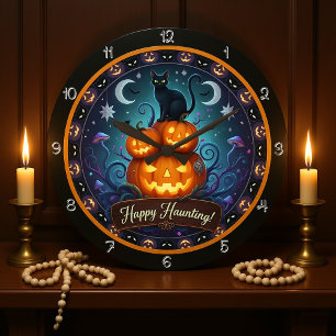 Happy Haunting Black Cat Pumpkin Large Clock