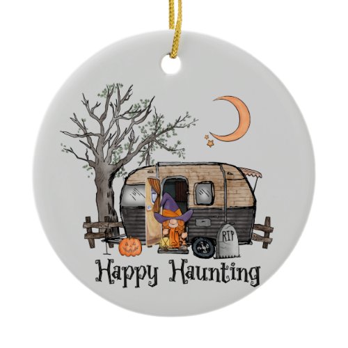 Happy Haunting | Halloween Camper | Spooky Witch Ceramic Ornament