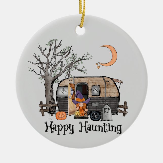 Happy Haunting | Halloween Camper | Spooky Witch Ceramic Ornament (Front)