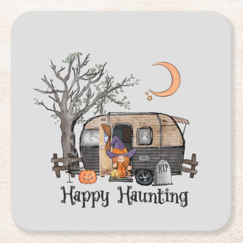 Happy Haunting  Halloween Camper  Spooky Witch Square Paper Coaster