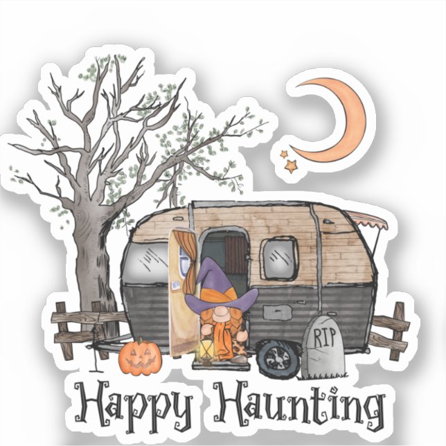 Happy Haunting – Spooky Witch and Camper Van Sticker (Front)