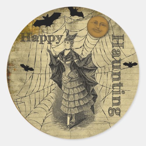 Happy Haunting Vintage Halloween Bat Classic Round Sticker