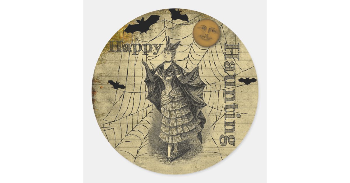 Happy Haunting Vintage Halloween Bat Classic Round Sticker | Zazzle