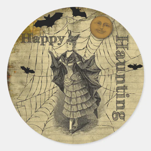 Happy Haunting Vintage Halloween Bat Classic Round Sticker | Zazzle