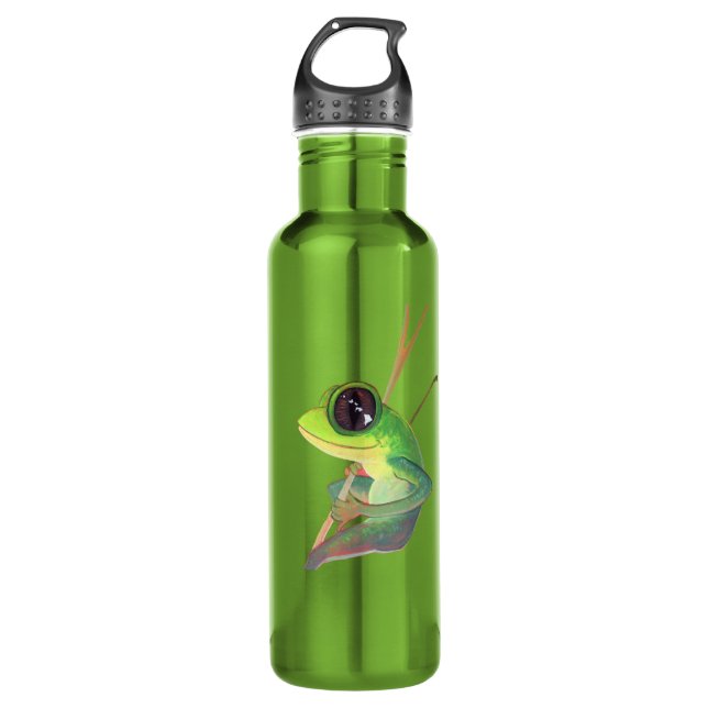 Happy Hawaiian Frog on Young Bamboo Stainless Steel Water Bottle (Front)