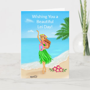 Happy Hawaiian Lei Day Hula Girl Beach Card