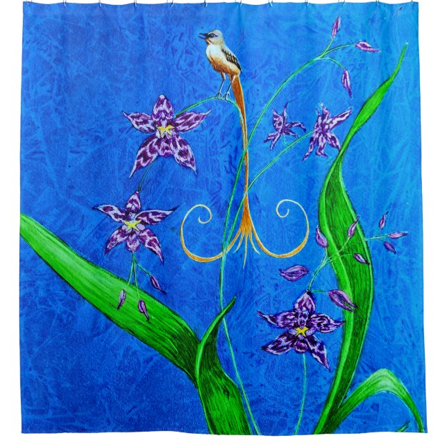 Happy Hawaiian Orchid Bird Shower Curtain (Front)