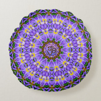 Happy Healing Purple Yellow Mandala OM Yoga Round Pillow