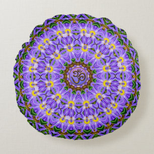 Happy Healing Purple Yellow Mandala OM Yoga Round Round Pillow