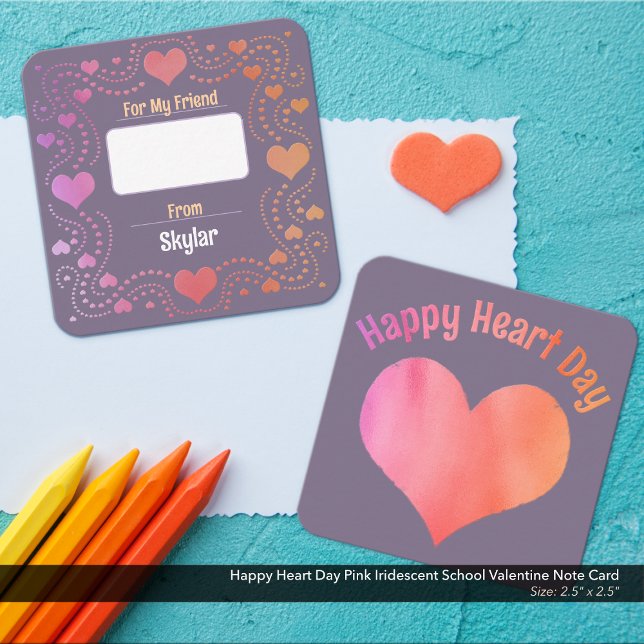 Happy Heart Day Pink Iridescent School Valentine Note Card (Happy Heart Day Kid's School Valentine Card: Lavender with Pink and Peach Iridescent Metallic Look.)